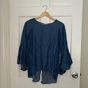 LC Lauren Conrad Denim-wash cotton Flared Sleeve Blouse